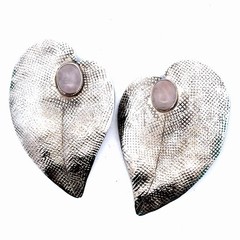 Vintage Modernist 925 Sterling Silver Moonstone Textured Mesh Ivy Leaf Earrings