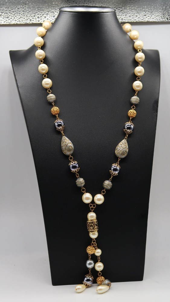 Vtg Multi Tonal Silver Gold Bead Ornate Lobster Clasp Necklace Princess Length