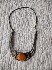 Vintage Antique Tibetan Silver Mesh Orange Beeswax Amber Necklace Jewlery