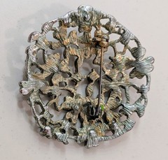 Vintage Enamel Flower Garden Brooch Multicolor Rhinestone Openwork Gunmetal Pin