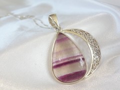 Large Sterling Silver 925 Fluorite Crescent Moon Pendant Necklace