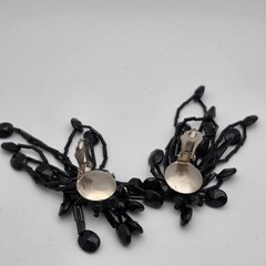 Vtg Black Bead Cha Cha Dangle Clip On Shoulder Duster Earrings Statement 3.25″