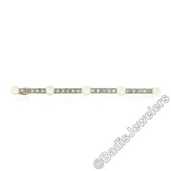 Antique Edwardian French Gold & Platinum 0.80ct Diamond Pearl Bar Pin Brooch