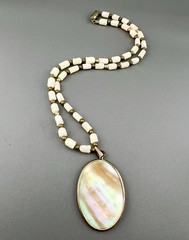 Vintage Mother of Pearl Necklace Iridescent Bezel Pendant Carved Shell 16”