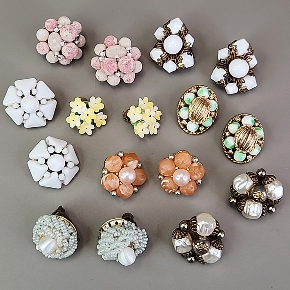 Vintage Cluster Clip On Earrings Lot of 8 Lisner Jonne Sugared Glass Acrylic