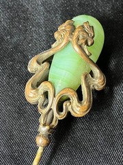 Art Nouveau Serpent Stick Pin Swirled Green Glass Dragon Face CHIP