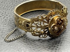 Vintage Gold Tone Filigree Bangle Bracelet Pearl Accents Rose Motif Hinged