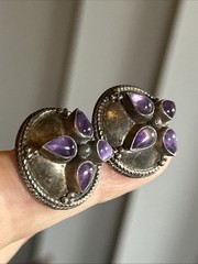 36. Vintage Tribal 925 Sterling Amethyst Stone Button Stud Earrings 21mm, 10.4g