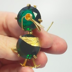 VINTAGE European Duck Bird Brooch Trombone Clasp Green Stone Egg in a Nest Tail