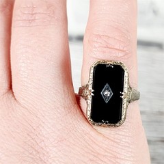 Antique Edwardian Belais 14K White Gold Onyx Diamond Ring 7 Filigree Luxury