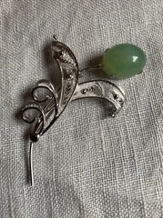 Vintage JJJ Signed Green Agate Sterling Silver Flower Brooch Pin