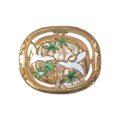 Art Nouveau Unique Brooch Enamel 1940s, Cut out Gold Tone Cranes Asian Export