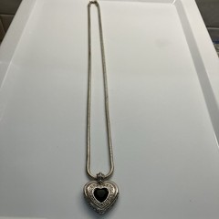 Vintage Silver Heart Pendant Necklace With Black Bead/stone, 22”
