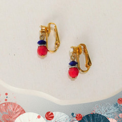 Vintage Patriotic Gold-Tone Clip-On Dangle Earrings, Red White Blue, 60s Retro