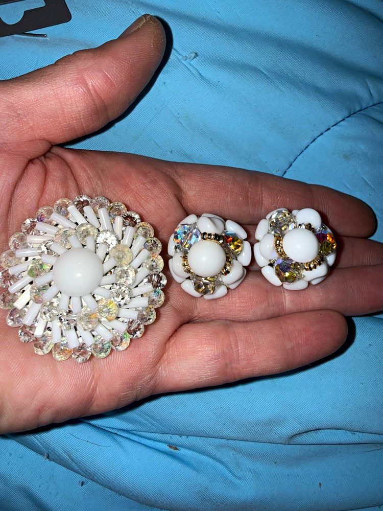 Vintage signed “West Germany” Demi-parure 1950s milk glass starburst set