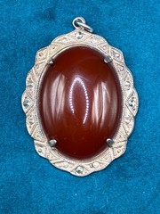 Vintage Sterling Silver Pendant Carnelian Cabochon Marcasite Accents 1 3/4″
