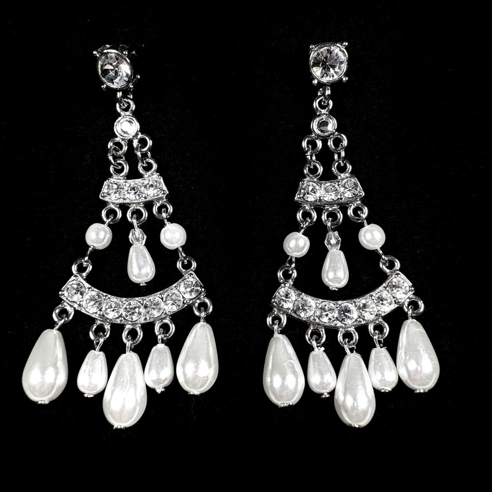 Vintage Rhinestone & Faux Pearl Elegant Bridal Chandelier Drop Dangle Earrings
