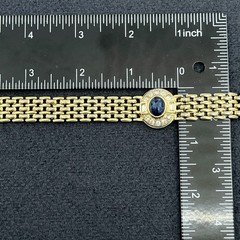 Vintage Gold Tone Watch Link Style Bracelet Center Blue Cabochon Rhinestones