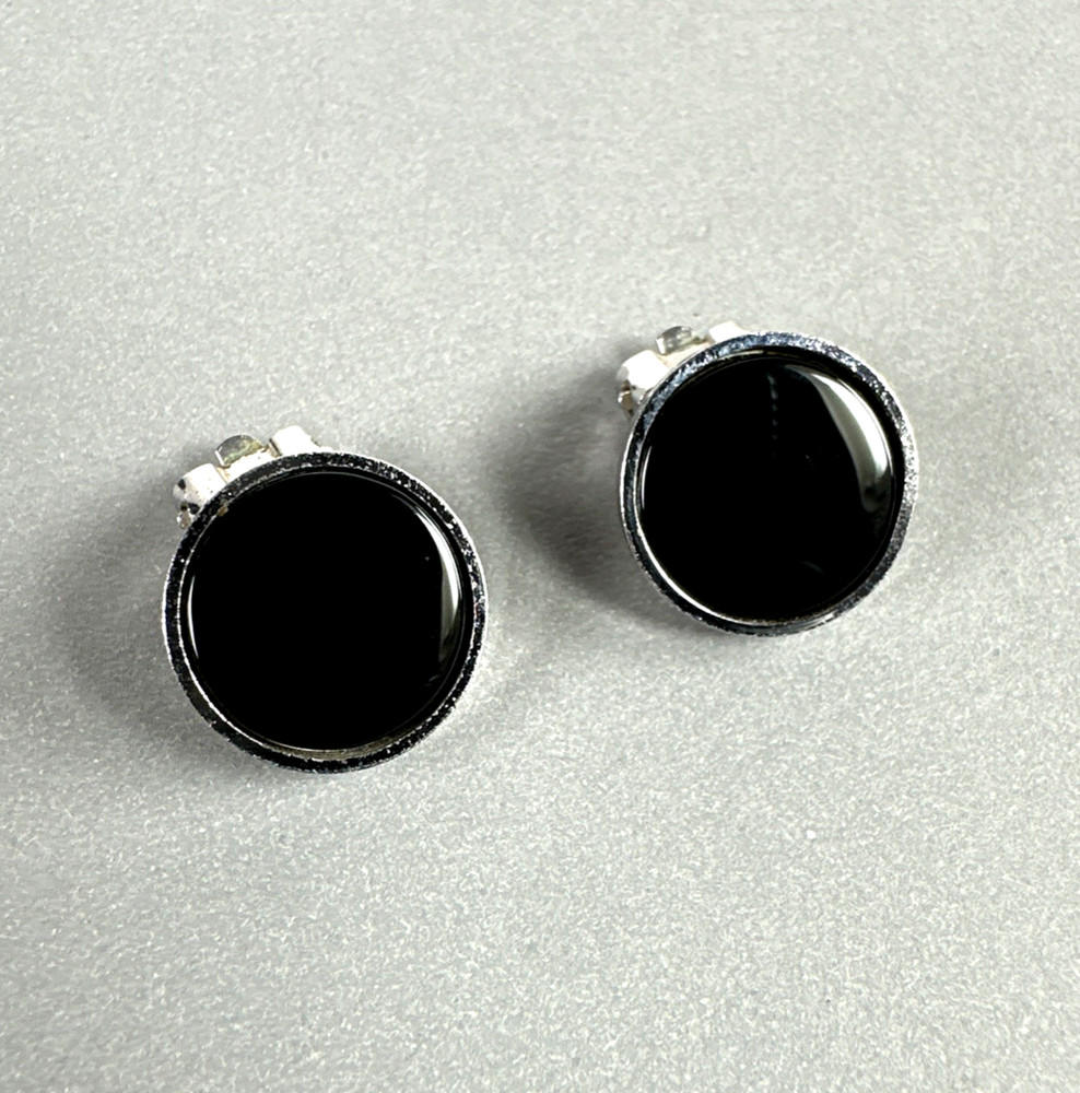 VTG TEKA Theodor Klotz Germany 925 Sterling Silver Onyx MCM Clip Earrings 0.5″
