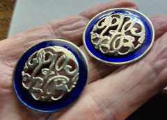 Vintage Cobalt Blue guilloche Enamel silver filigree Earrings pierced BEAUTIFUL