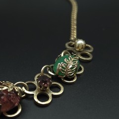 Vintage 1950s MCM Art Glass Floral Necklace Green Pink Cabochon 16.5″