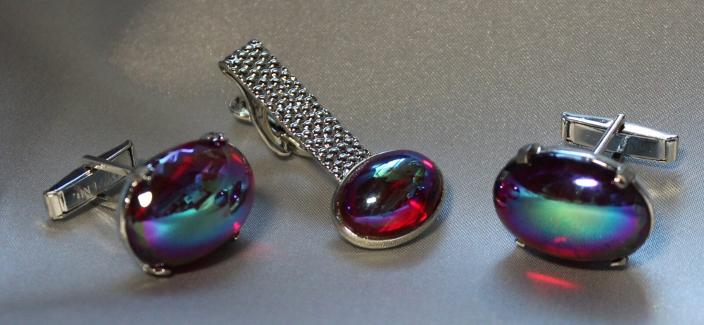 VINTAGE SILVERTONE CABOCHON CUFFLINKS & MATCHING TIE CLIP BAR UNMARKED NICE!