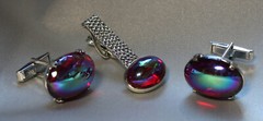 VINTAGE SILVERTONE CABOCHON CUFFLINKS & MATCHING TIE CLIP BAR UNMARKED NICE!