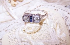 ART DECO 18K Gold Diamond Blue Sapphire Filigree Ring | Size 8.75