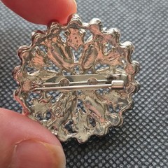 Vintage Floral Brooch Pin Silver Tone Metal Pink Rhinestone Starburst 1/2 Inches