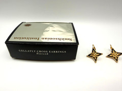 AVON Smithsonian Gellatly Cross Earrings Gold-Tone Blue Enameled with Orig. Box