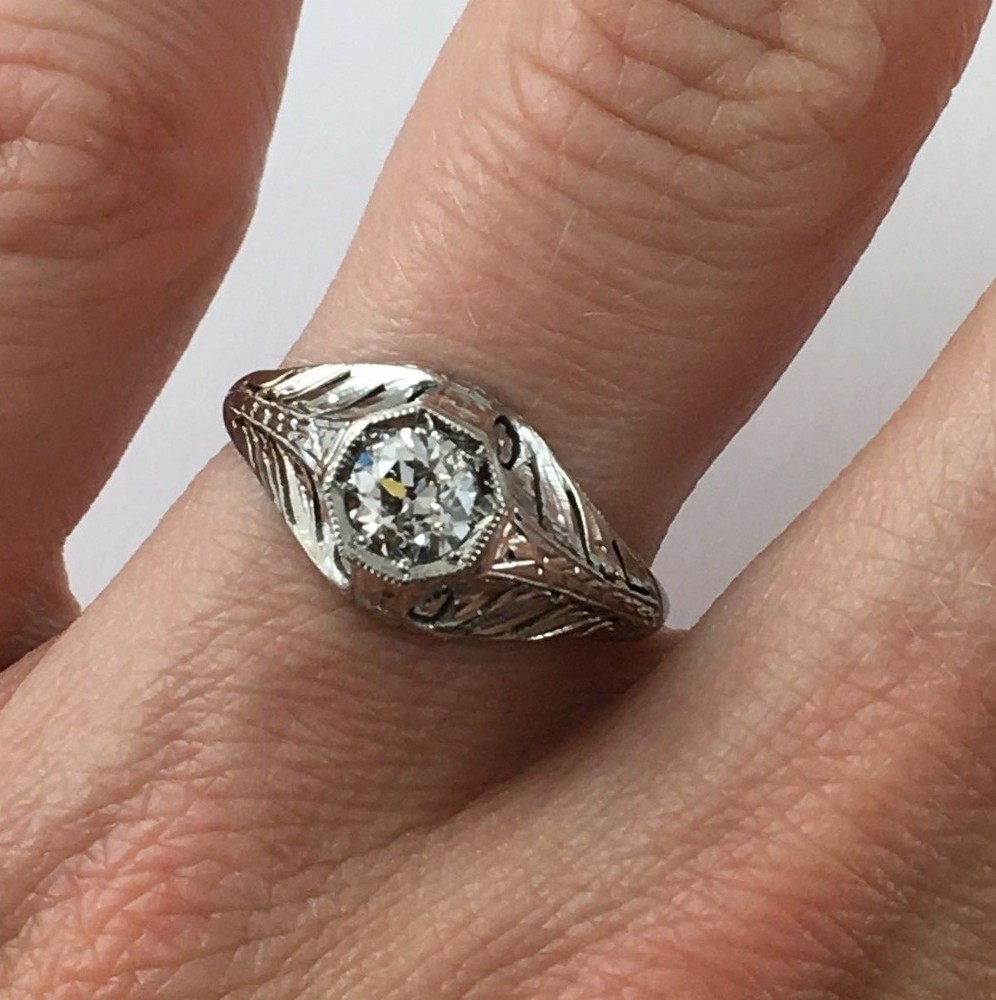 Unique .42 Carat Antique Diamond Filigree Ring 18K New Old Stock Jewelers Vault