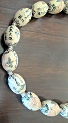 Vintage Asian Calligraphy and Floral Motif Oval Porcelain Bead Necklace 28 inch