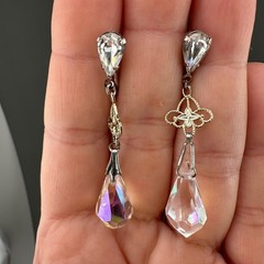 Vintage Earrings AB Crystal Dangle Silver Tone Filigree Briolette Teardrop Clip