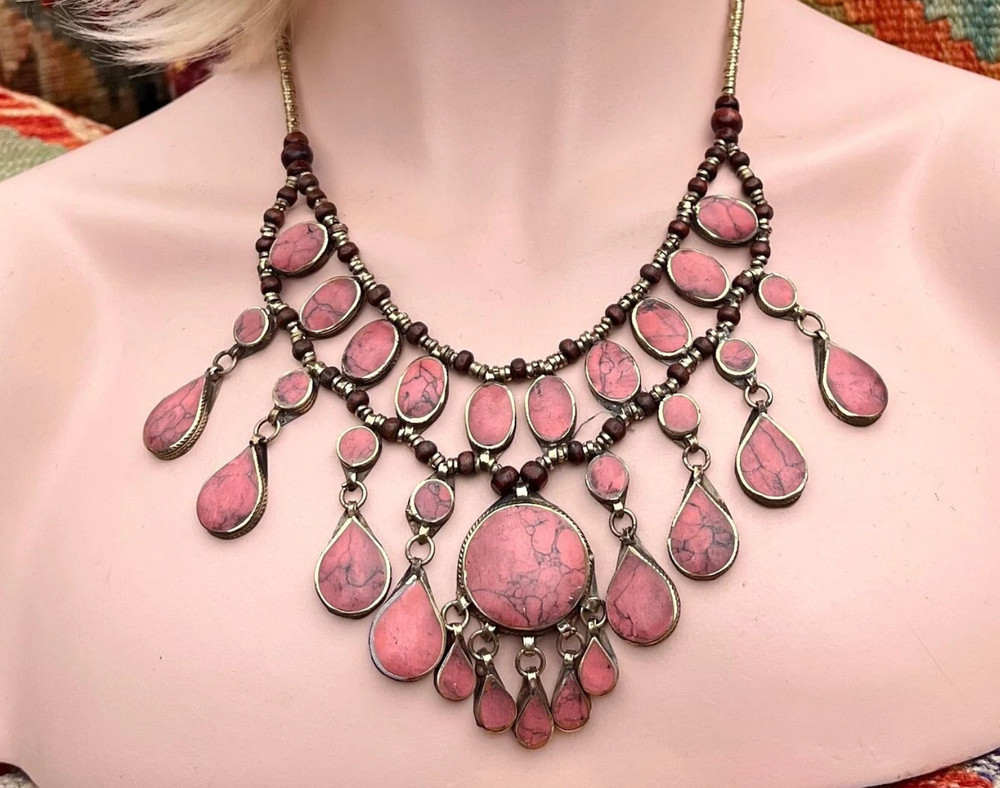 Vintage CALCITE Pink Boho Necklace Tribal Fusion Belly Dance Ethnic Jewelry
