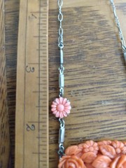 Antique coral colored Rose molded glass & Rhodium Plated Deco Necklace Pendant
