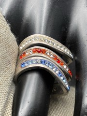 Vintage Sterling Silver Ring stackable Rhinestone Red White Blue USA July Sz 7