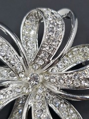 Vintage Monet Silverton Rhinestone Flower Bow Ribbon Brooch, 2.25″ Diameter