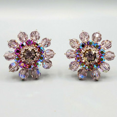 Vintage Unsigned Designer Purple Lilac AB Crystal Bead Halo Gold Plated Earrings