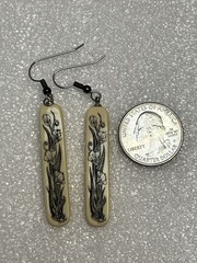 Vintage Creme Oblong Bead Pierced Earrings Black Floral Design 1.25”