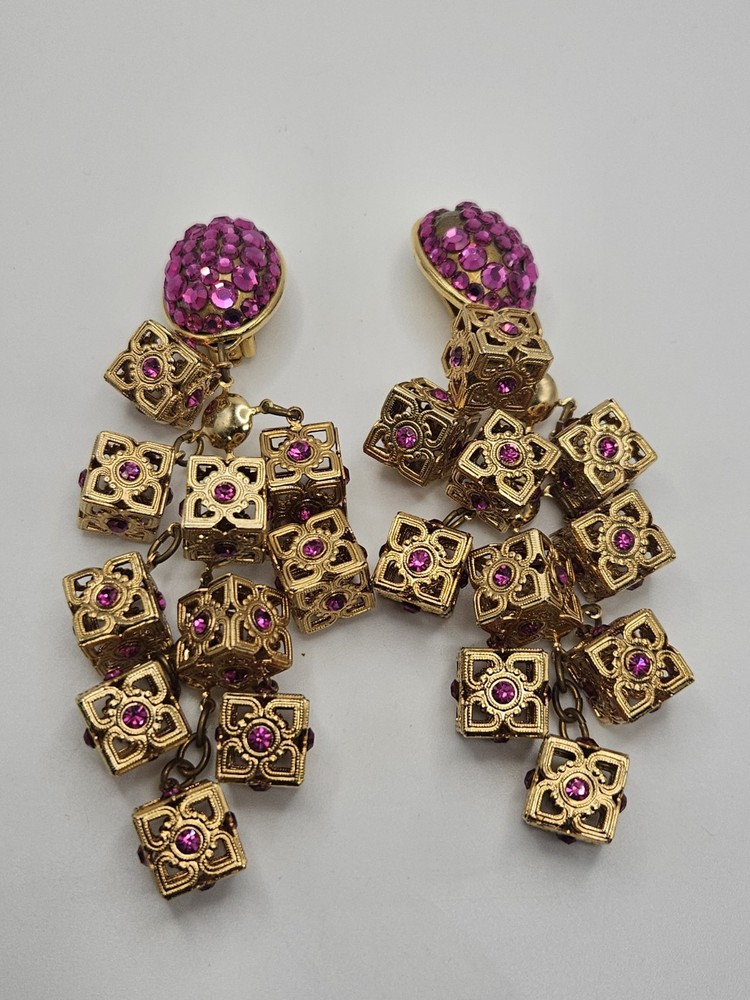 As Is Repair Vintage Retro Goldntone Pink Crystals Dangle Clip On Earrings