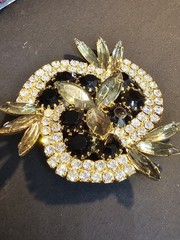 Vintage Rhinestone Brooch Prong Set Gray Black Clear Gold tone Stunning Sparkle