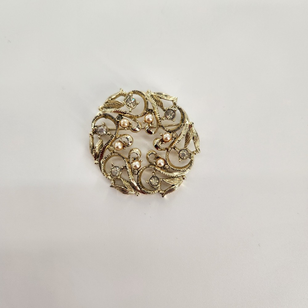 Vintage JS Goldtone Faux Pearls Rhinestones Round Shape Pin Brooch