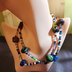 VINTAGE MURANO ART GLASS MILLEFIORI ROUND BEAD MULTI COLOR NECKLACE 30″ LONG