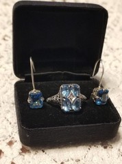 Art Deco Antique Blue Topaz Diamond Accent Ring & Earrings Set,Size 10, 925 &CNA