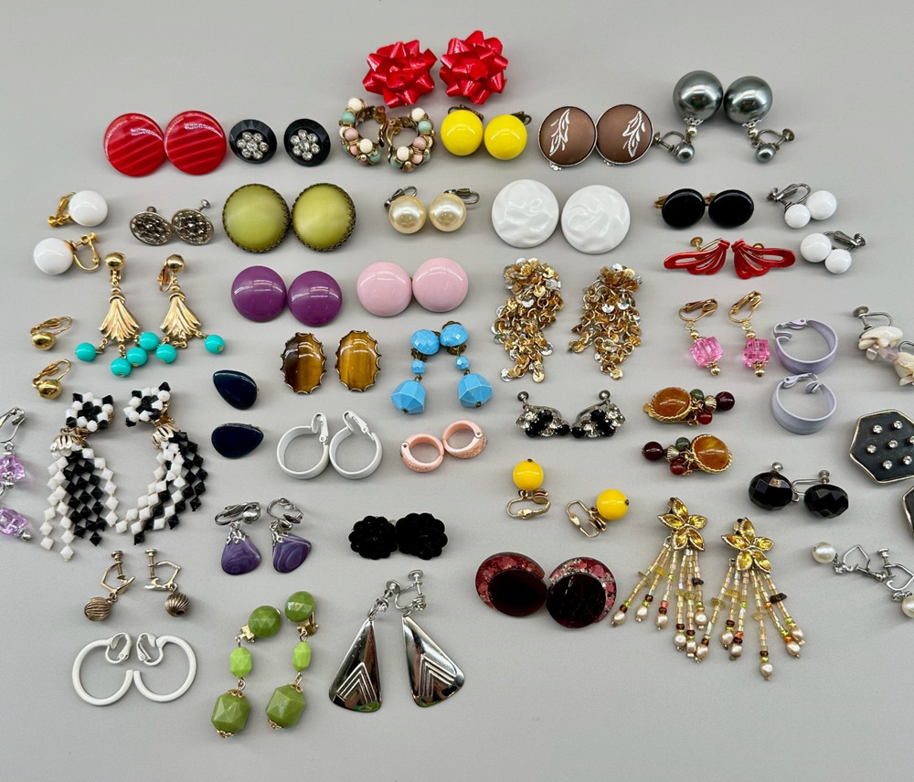 Vintage Clip Earrings Lot of 44 Mix Materials Enamel Lucite Glass Acrylic Stone