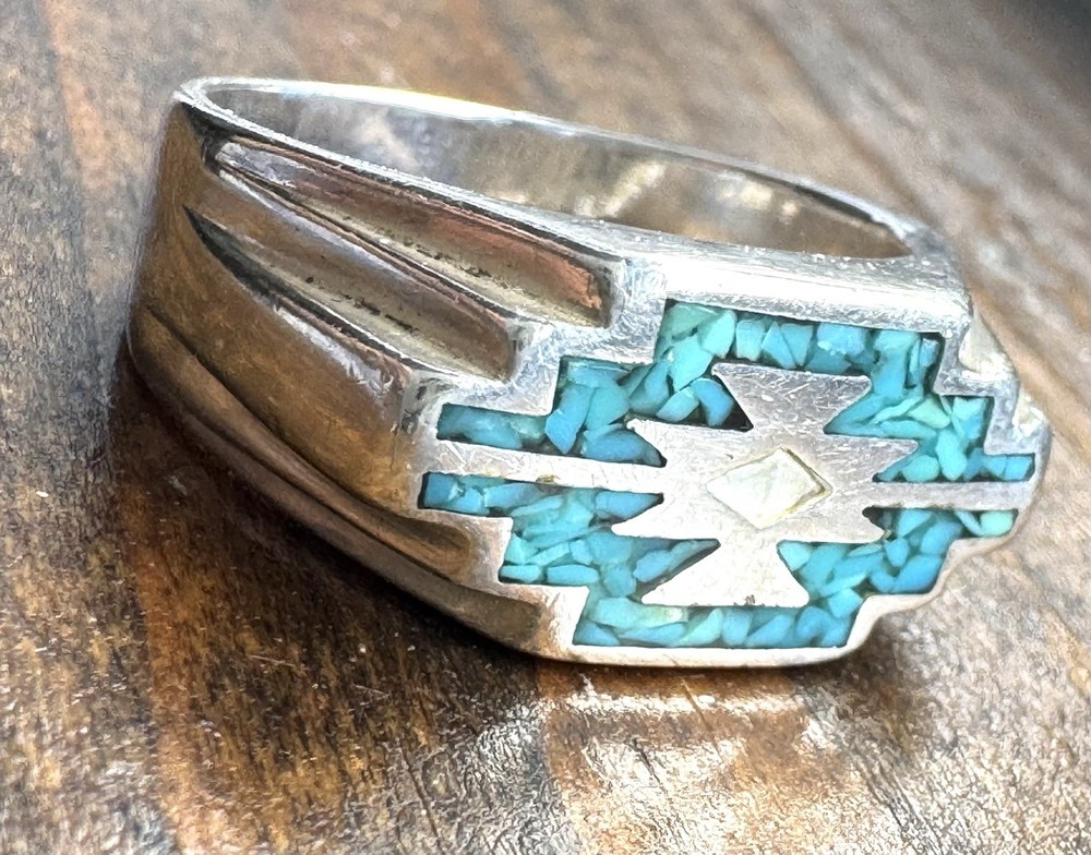 Vintage Men’s Sterling Silver Turquoise Inlay Ring Sz 10 Silver Fox Mark Unisex