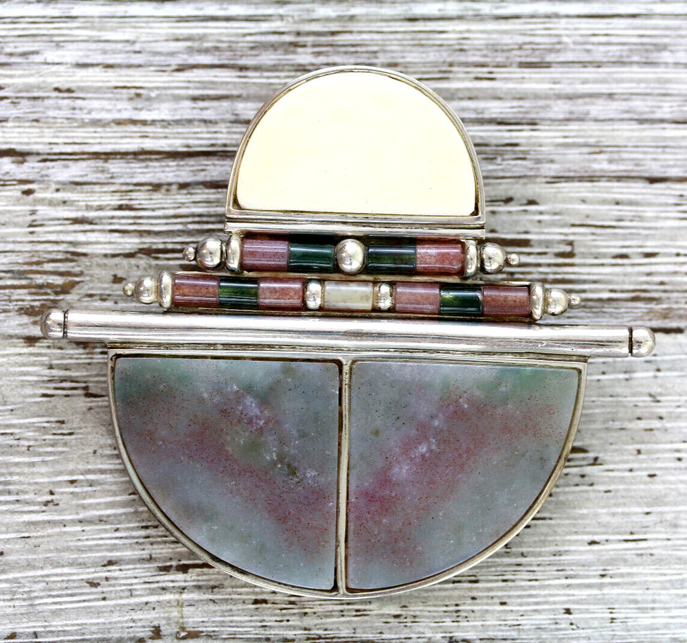 STUDIO DESIGNER ARTISAN AGATE SLAB STERLING SILVER BROOCH BEAUTIFUL RETRO 1990’S