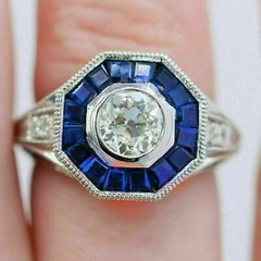 2.90Ct Art Deco Style Lab-Created Diamond & Blue Sapphire Engagement Silver Ring