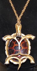 Large Articulated Brown Amber Color Shell Tortoise Pendant Necklace