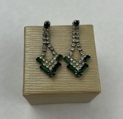 Art Deco Style Rhinestone – Clear And Emerald – Drop Earrings 1.75” Very Pretty